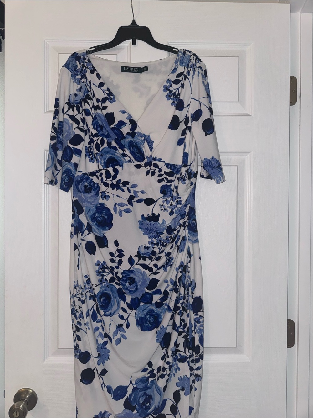 Ralph Lauren White Midi Dress with Blue Floral Print - Picture 1 of 3